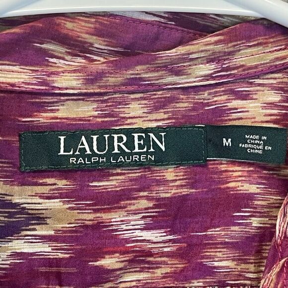 LAUREN RALPH LAUREN Silk Blend Blouse Ikat Print Button Front Purple Medium Top - Picture 4 of 11